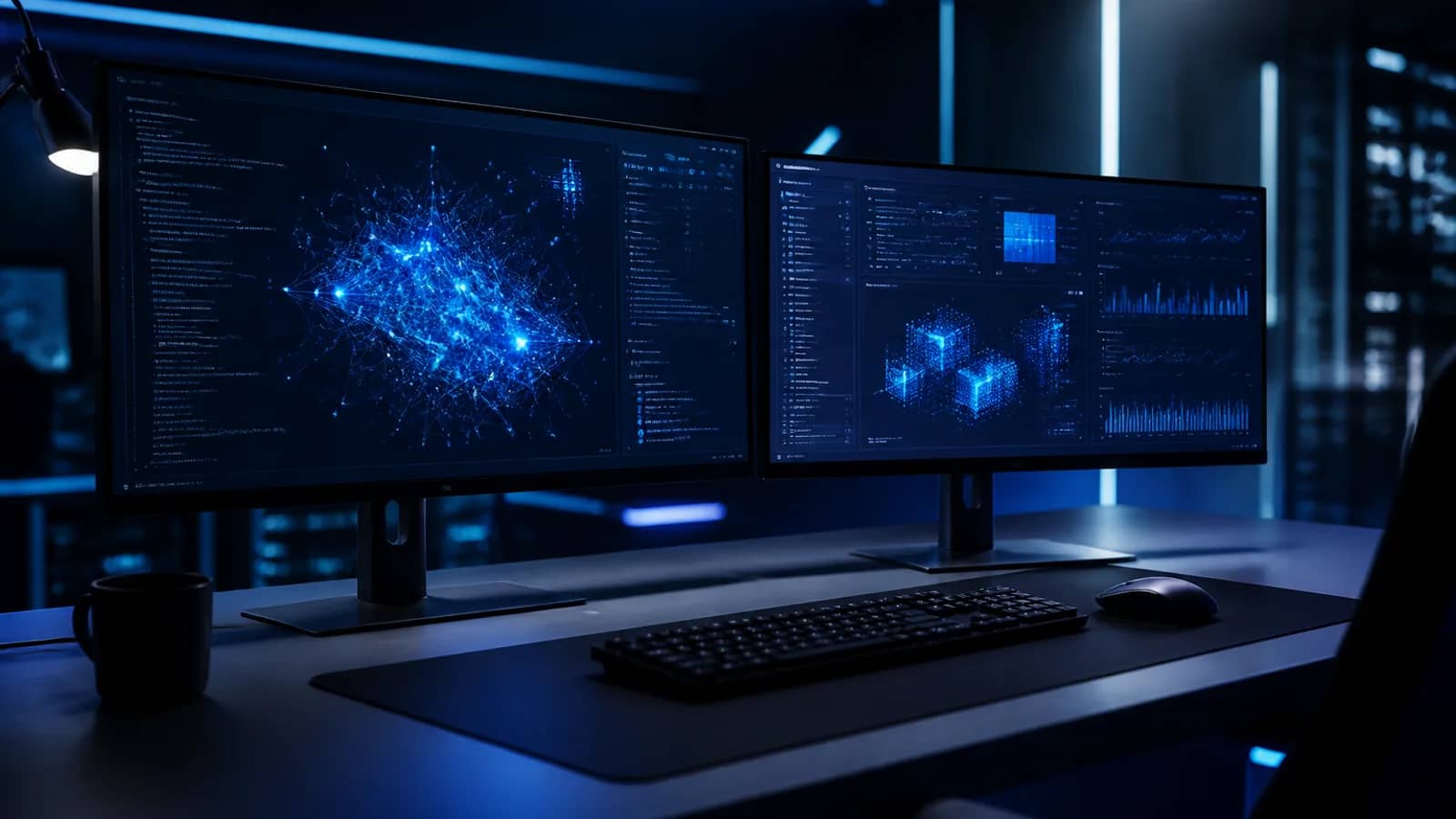 Modern AI engineering workspace with neural network dashboards