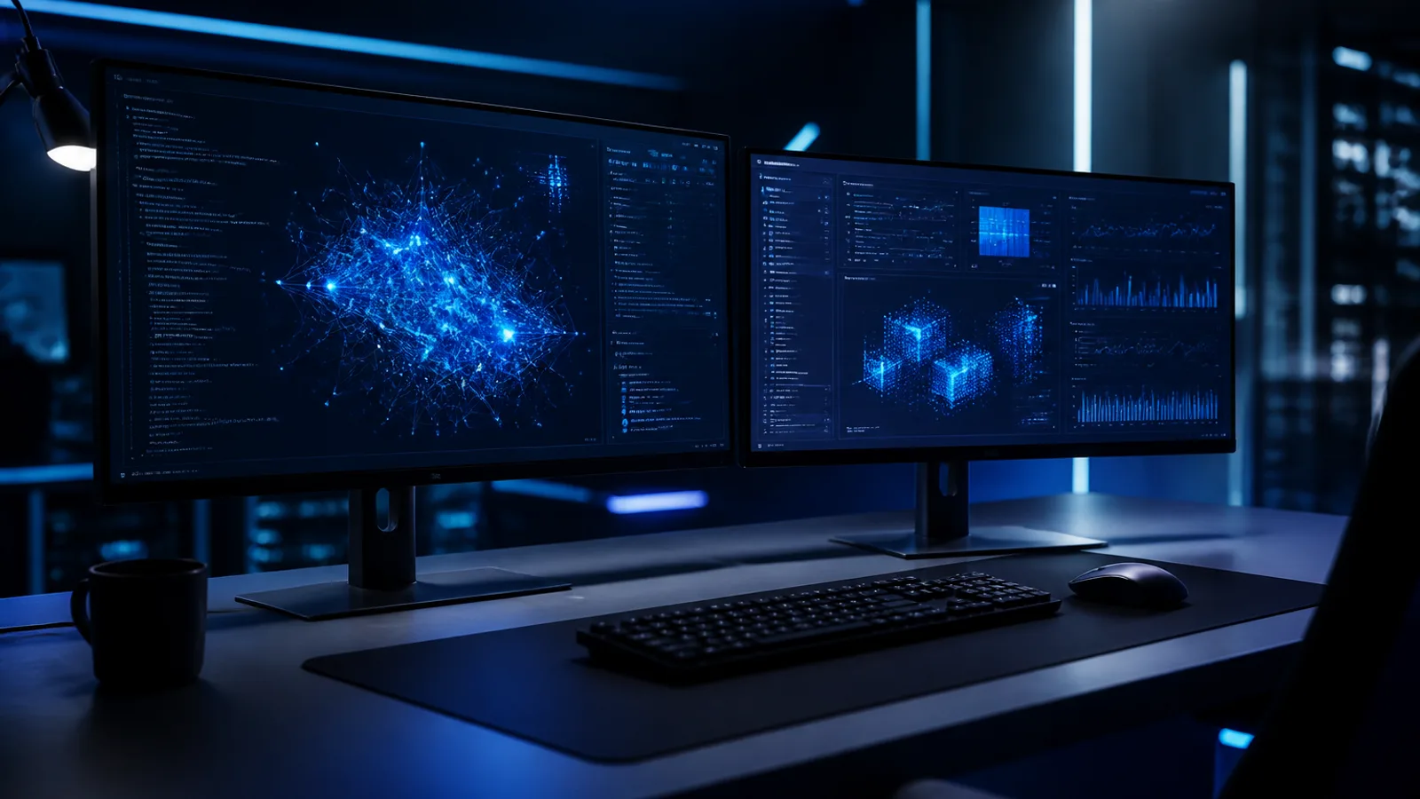 AI software workspace with neural network dashboards and intelligent systems